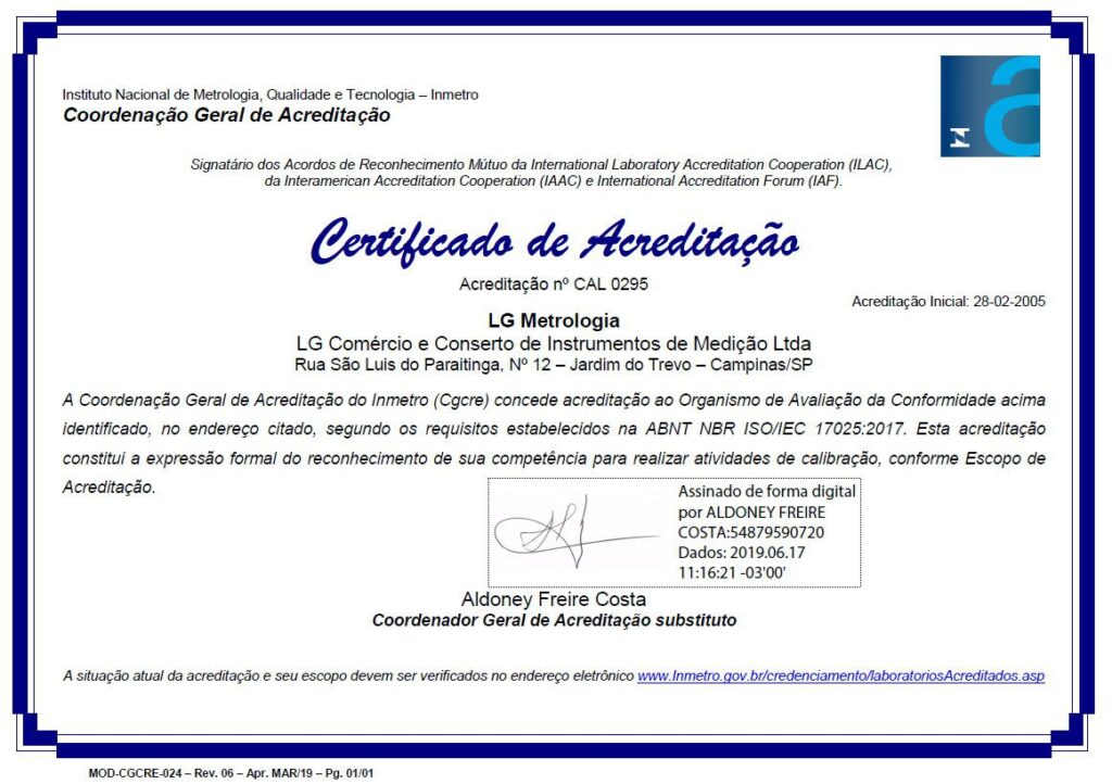 Certificado de Acreditaço Inmetro em Calibração